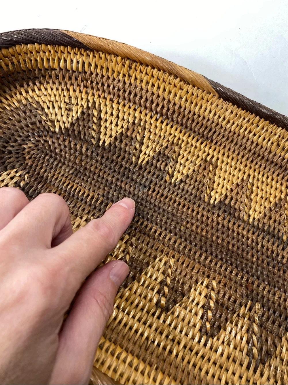 Artisan Two-Tone Hand-Woven Oval Oblong Geometric Pattern Rattan Basket Tray